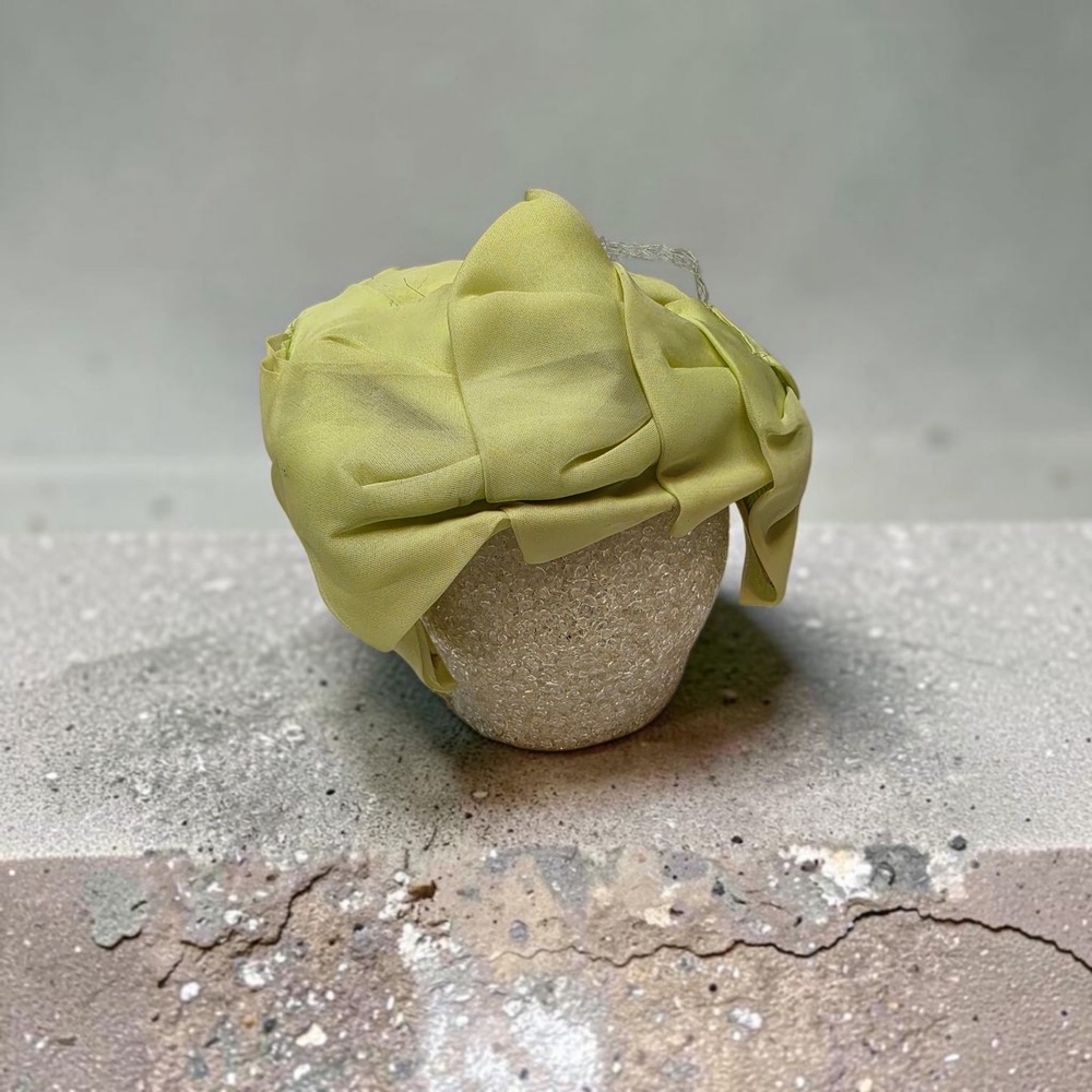 Vintage Chartreuse Lime Green Pillbox Hat Draped Bow Mid Century Millinery